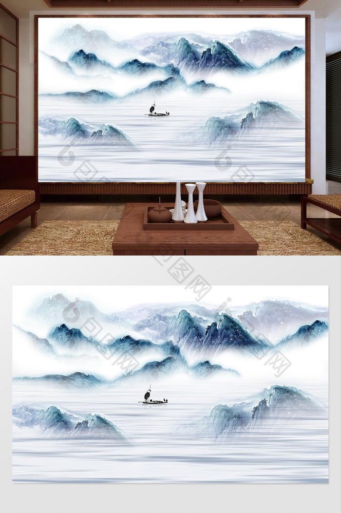 新中式水墨国画抽象山水背景墙国画山水