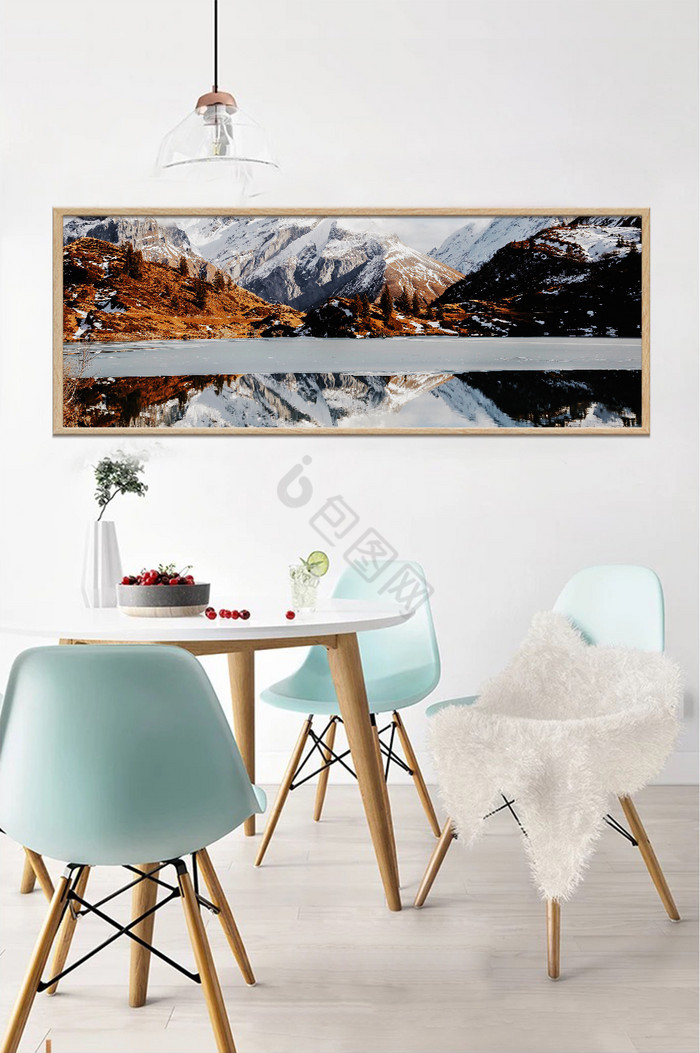 北欧风景雪山湖水倒影风景装饰画素材背景墙图片