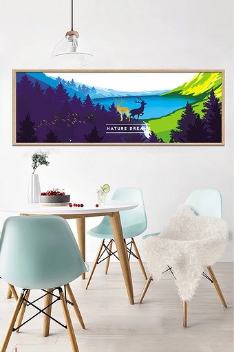 北欧蓝色湖水山林风景欧式鹿装饰画素材图片