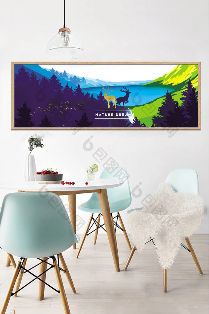 北欧蓝色湖水山林风景欧式鹿装饰画素材
