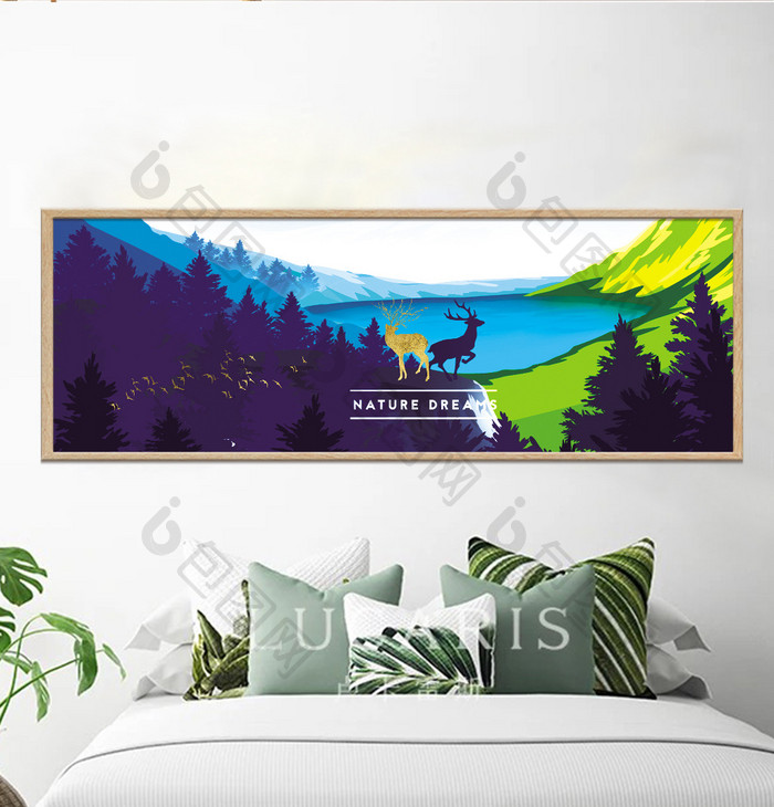 北欧蓝色湖水山林风景欧式鹿装饰画素材