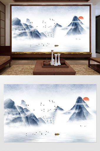 新中式手绘蓝色水墨山水电视背景墙图片