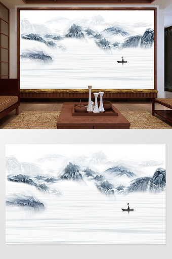 新中式水墨国画抽象山水背景墙江山印象图片