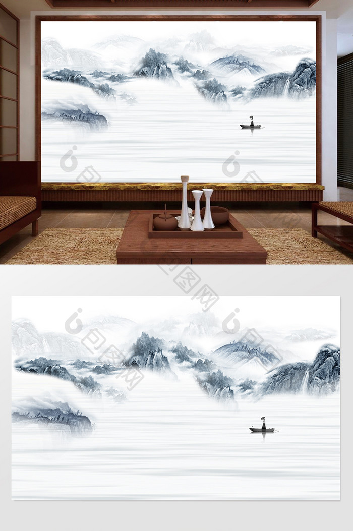 新中式水墨国画抽象山水背景墙江山印象