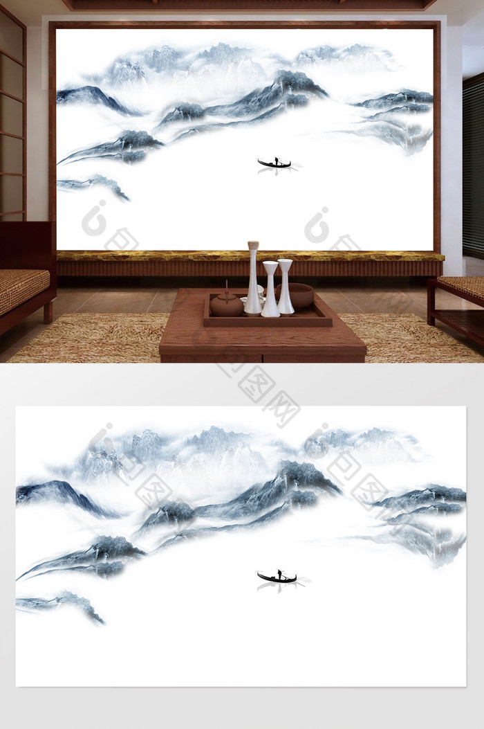 新中式水墨国画抽象山水背景墙国画山水印象