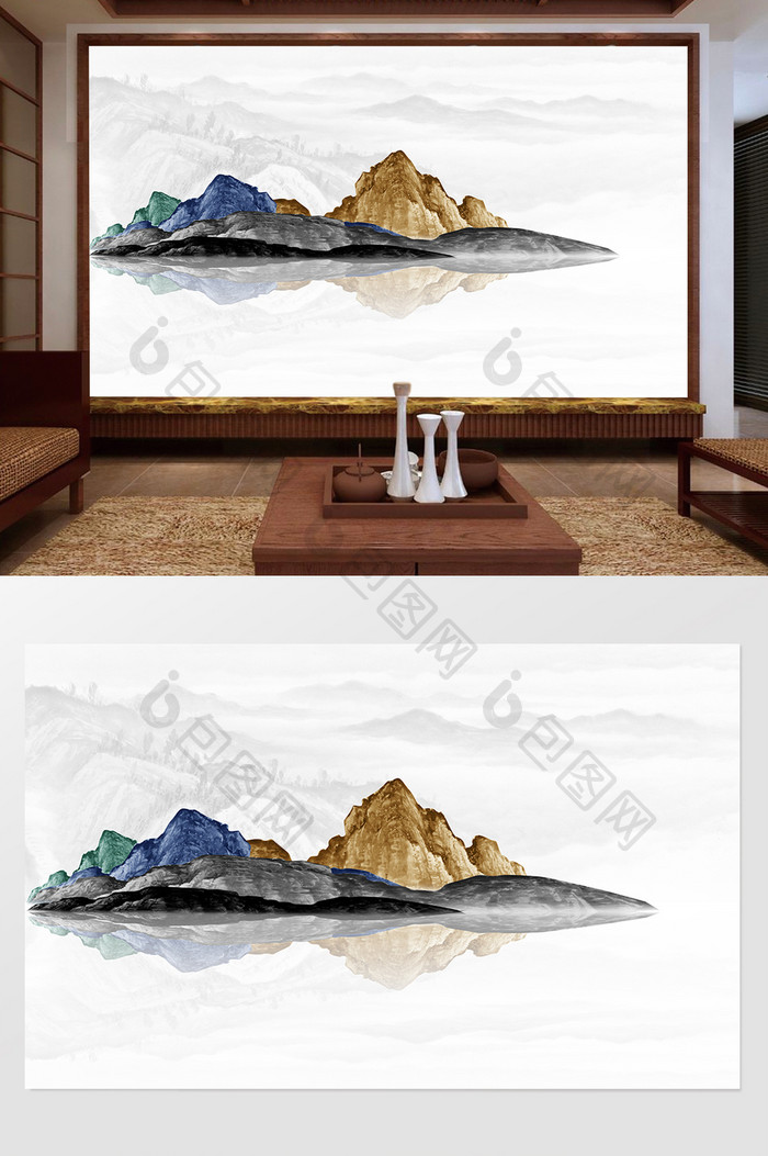 新中式水墨国画抽象山水背景墙水中影像
