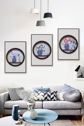 中国风立体浮雕青花瓷花瓶三联装饰画图片