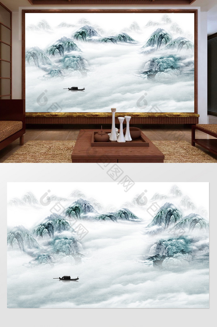 新中式水墨国画抽象山水蓝色风景背景墙