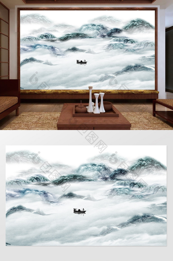 新中式蓝色山水风景抽象山河背景墙