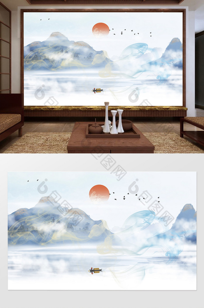 新中式水墨山水蓝色系电视背景墙