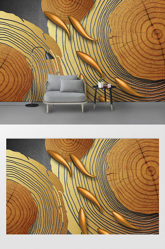 现代金色大气年轮木头金鱼浮雕背景墙图片