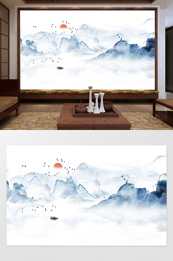 中国风手绘蓝色系水墨背景墙图片
