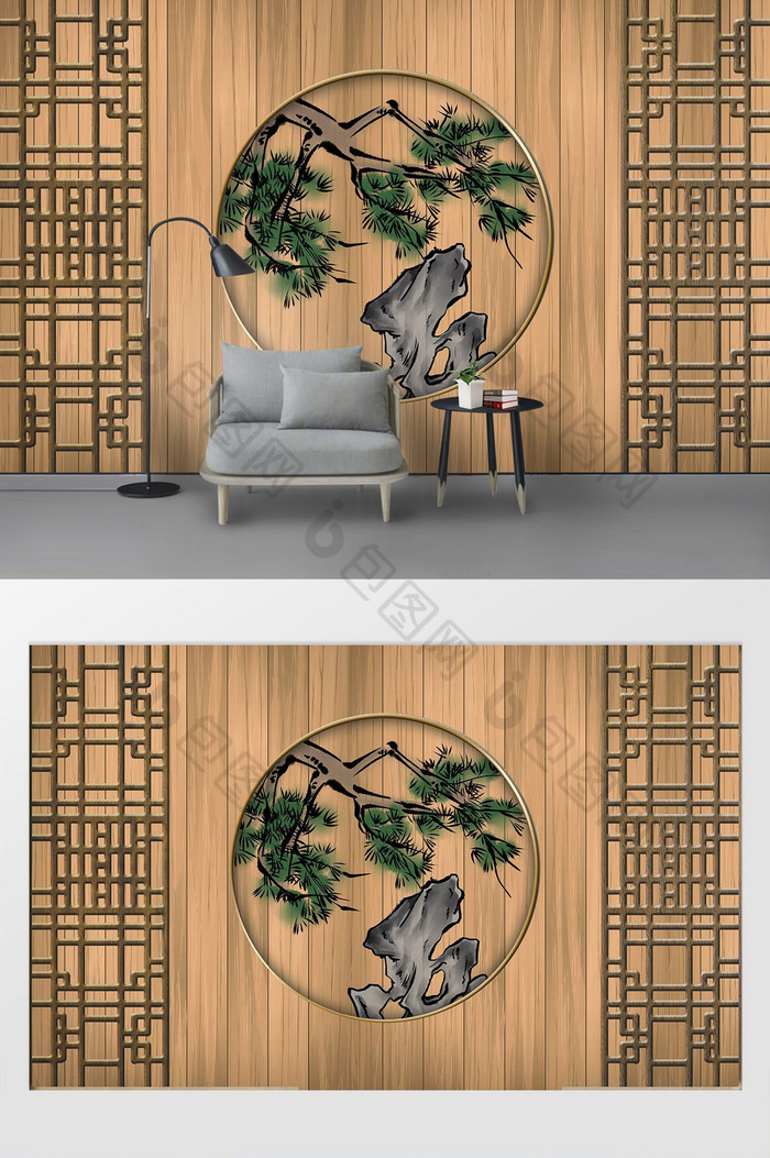 新中式禅意造型古松浮雕背景墙