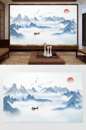新中式意境蓝色水墨山水渔船日出大雁背景墙