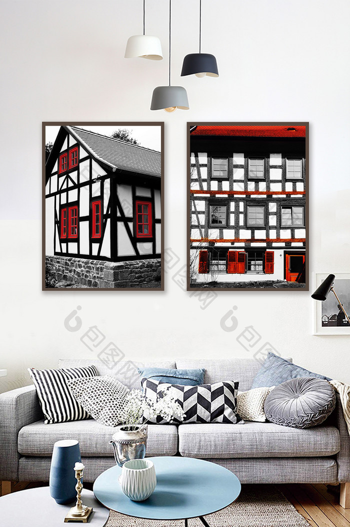 北欧红色建筑欧式建筑风格装饰画素材背景墙
