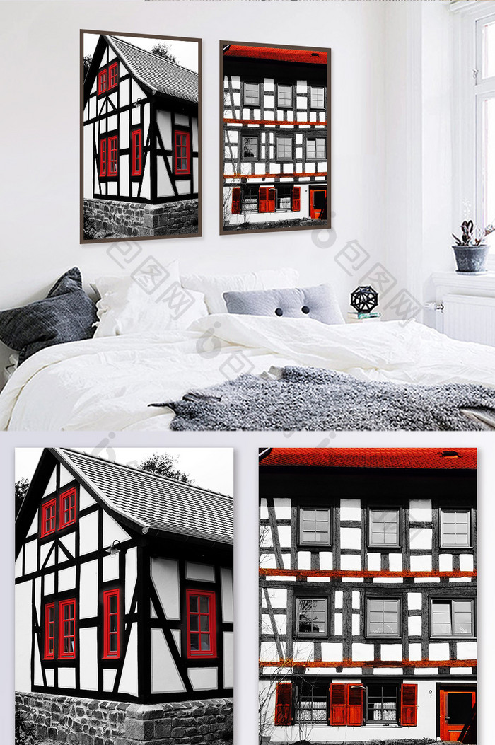北欧红色建筑欧式建筑风格装饰画素材背景墙