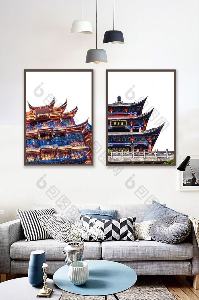 中式新中式中国风古建筑风格装饰画素材