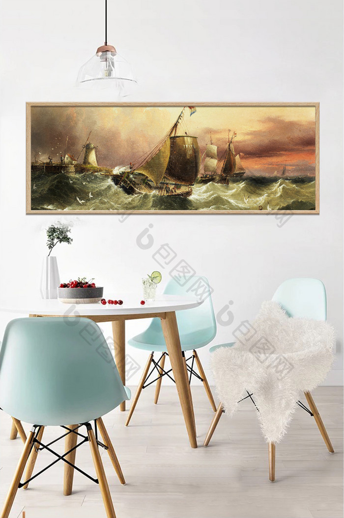 北欧油画风景海浪帆船天空装饰画素材背景墙