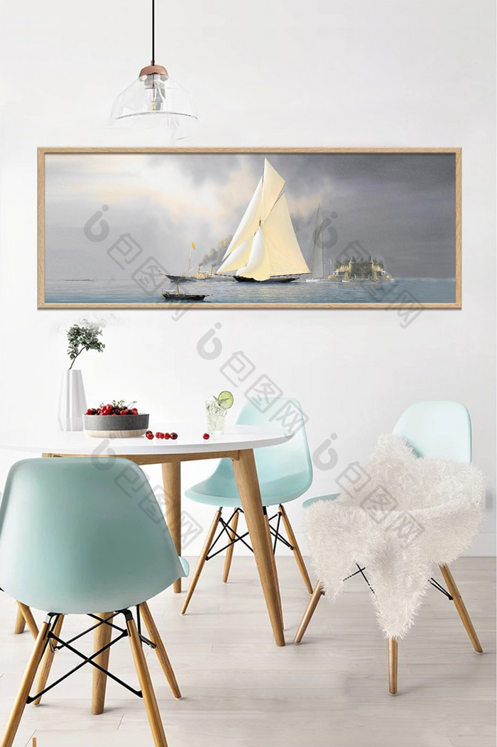 北欧白色油画帆船创意意境装饰画素材背景墙