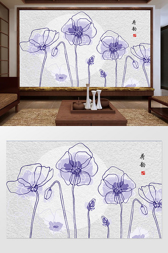 新中式中国风手绘工笔荷花莲花壁画图片