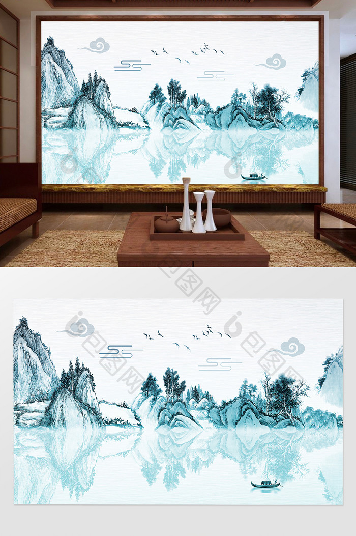 新中式水墨山水风景意境电视背景墙