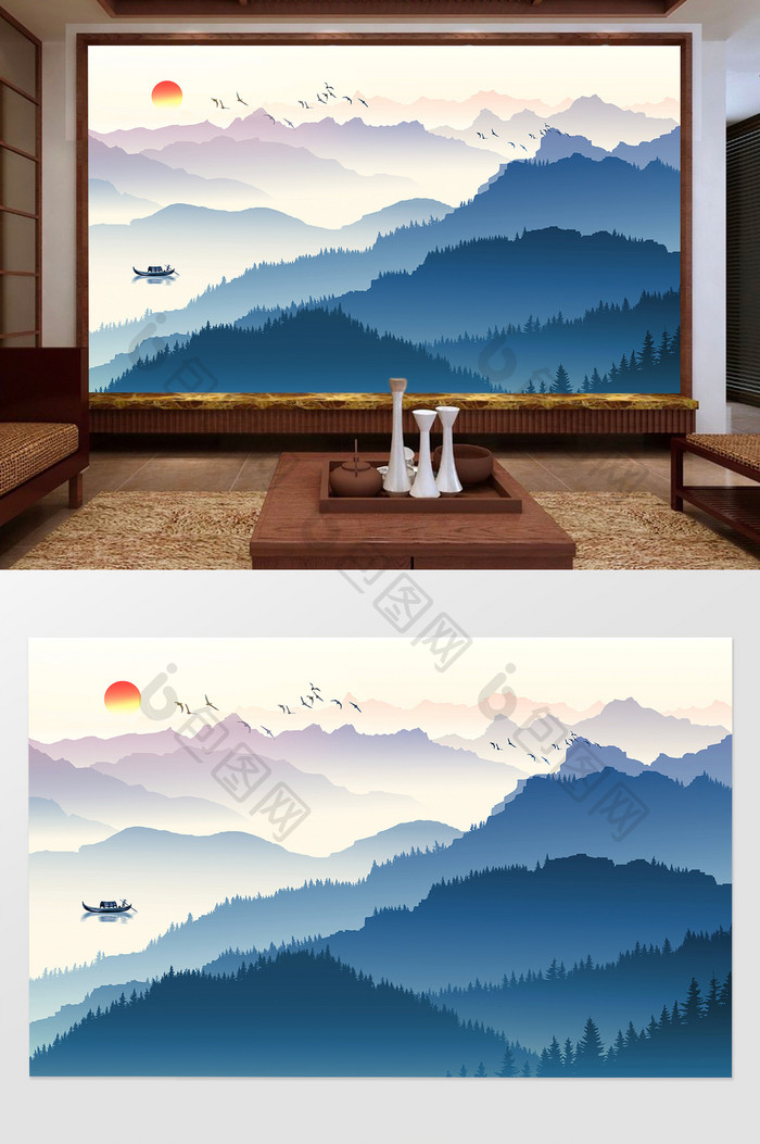 中国风蓝色水墨山水风景意境电视背景墙