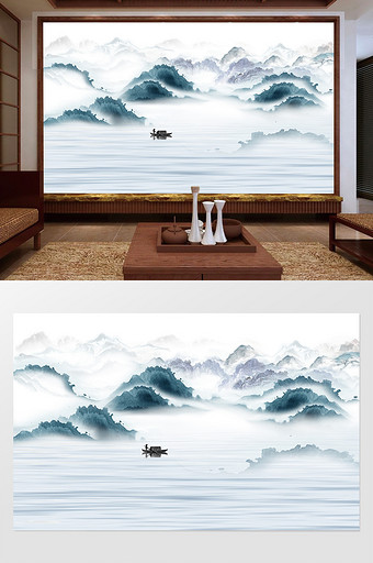 新中式水墨国画抽象山水背景墙山河风情印象图片