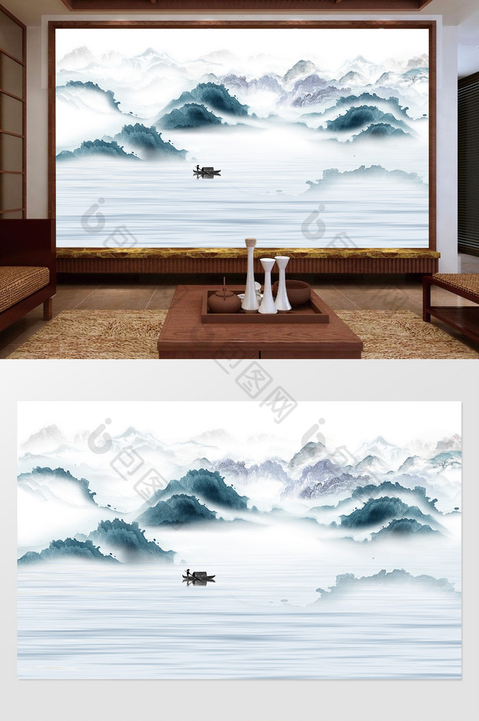 新中式水墨国画抽象山水背景墙山河风情印象