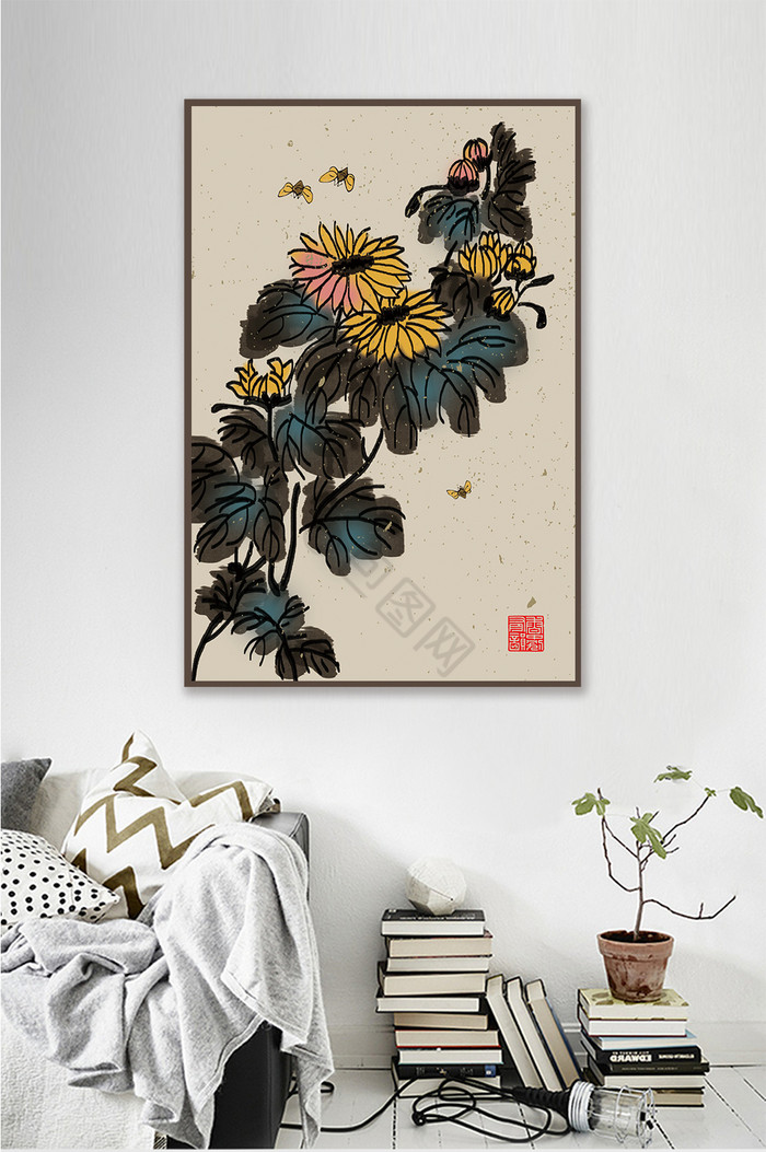 水墨淡彩花卉植物书房客厅装饰画图片