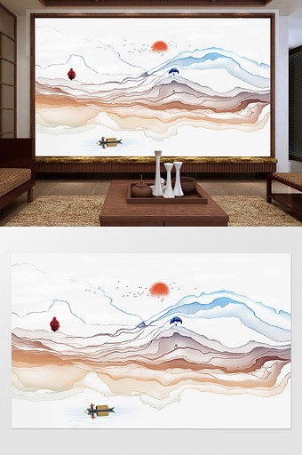 新中式抽象水墨烟雾山水电视背景墙图片