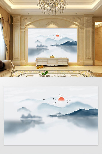 新中式水墨山水抽象线条电视背景墙图片