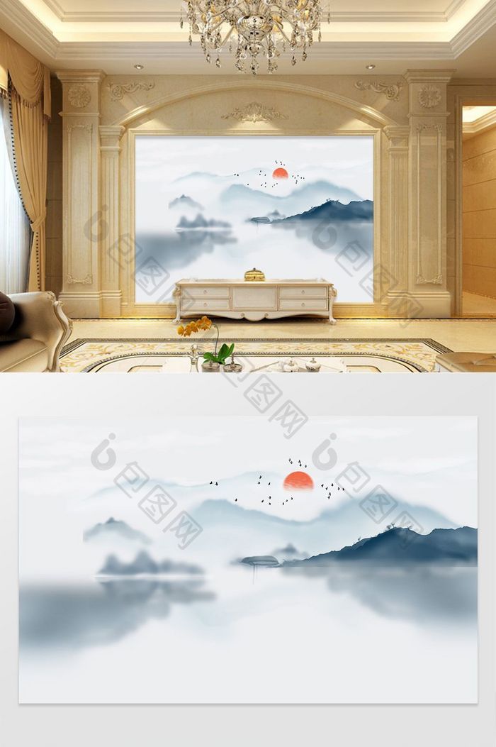 新中式水墨山水抽象线条电视背景墙