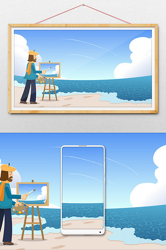 卡通艺术家画家户外海边写生插画图片
