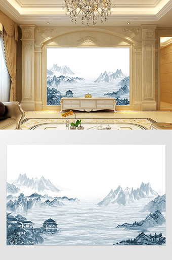新中式水墨国画抽象山水背景墙山河艺术图片