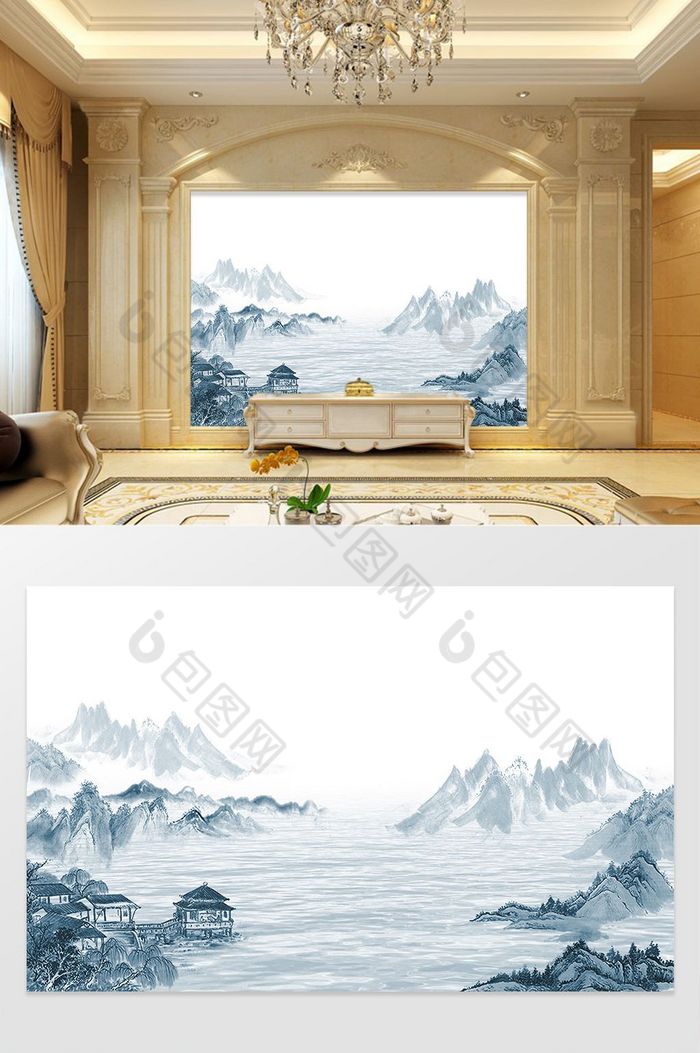 新中式水墨国画抽象山水背景墙山河艺术图片图片