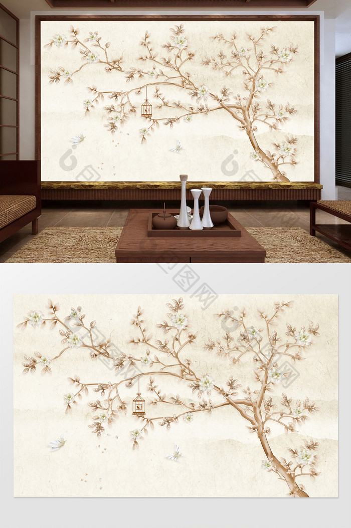 中式手绘花鸟唯美意境电视背景墙