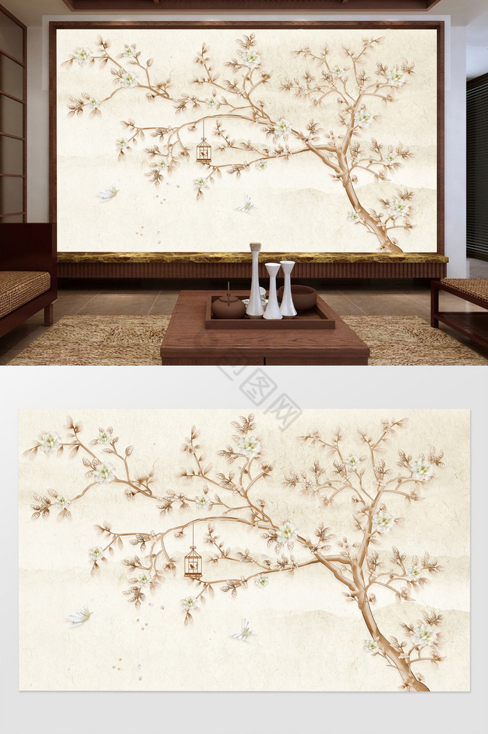 中式手绘花鸟唯美意境电视背景墙图片