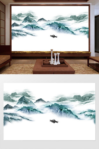 新中式水墨国画抽象山水背景墙风景倒影图片