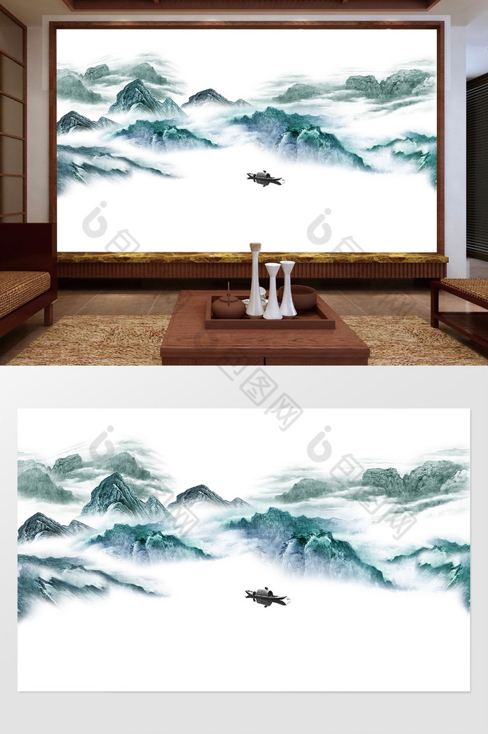 新中式水墨国画抽象山水背景墙风景倒影