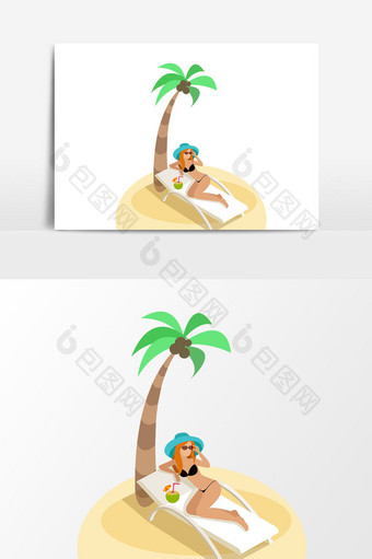 卡通女孩晒太阳沙滩椅矢量素材图片