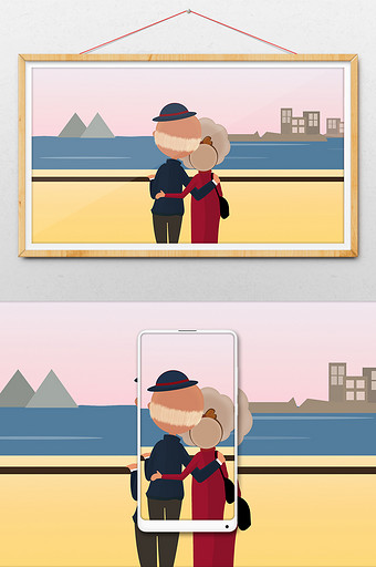 夕阳红唯美重阳节老夫妇旅游看海景插画图片