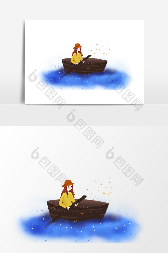 卡通版划船的小女孩元素