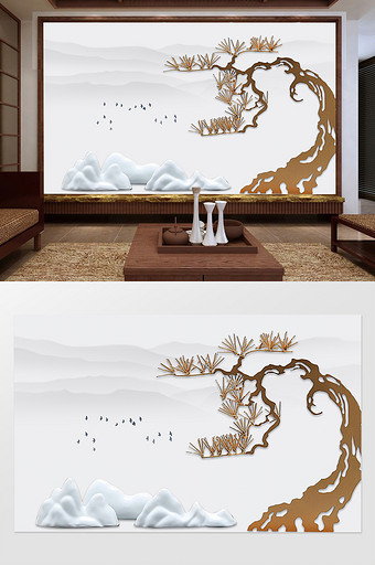 新中式浮雕立体松树假山电视背景墙图片