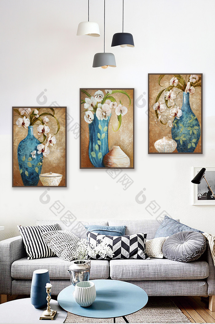 北欧油画花卉静景花瓶蓝色花朵装饰画素材