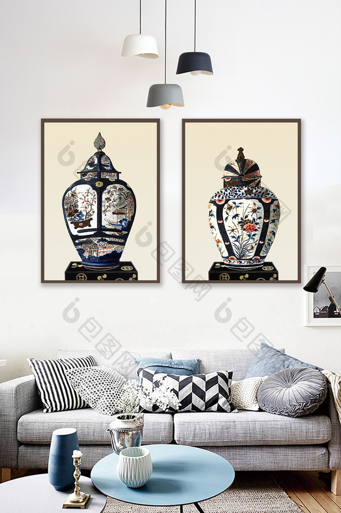 中国风彩色青花瓷花瓶物件绘画装饰画