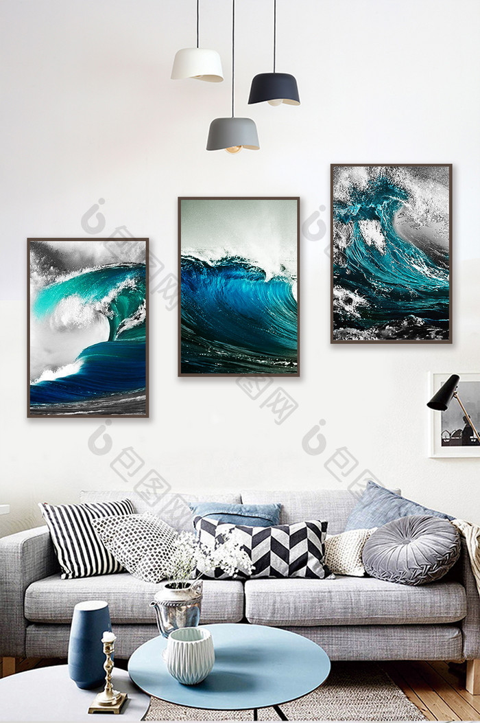 北欧蓝色海浪艺术风景装饰画素材背景墙