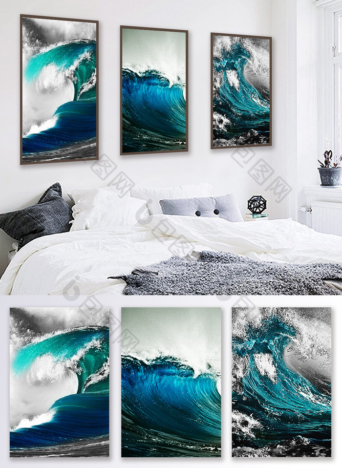 北欧蓝色海浪艺术风景装饰画素材背景墙