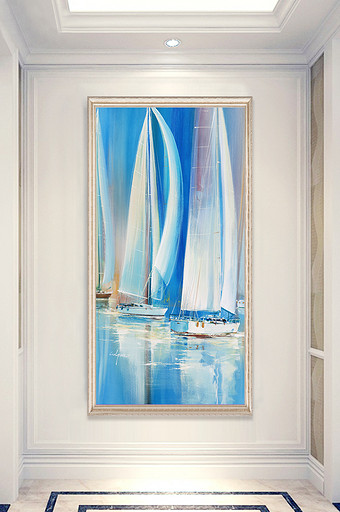北欧油画帆船海水海景蓝色玄关背景装饰画图片