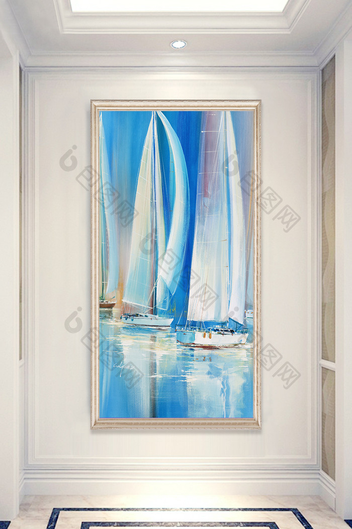 北欧油画帆船海水海景蓝色玄关背景装饰画