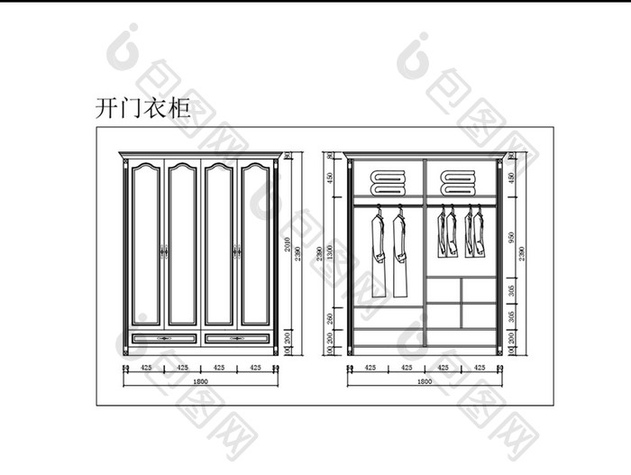 简约现代四开门衣柜衣橱CAD图纸